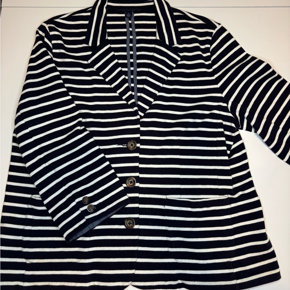 Lands' End Women’s Navy and White Striped Blazer Size L 14-16 Roll Sleeve